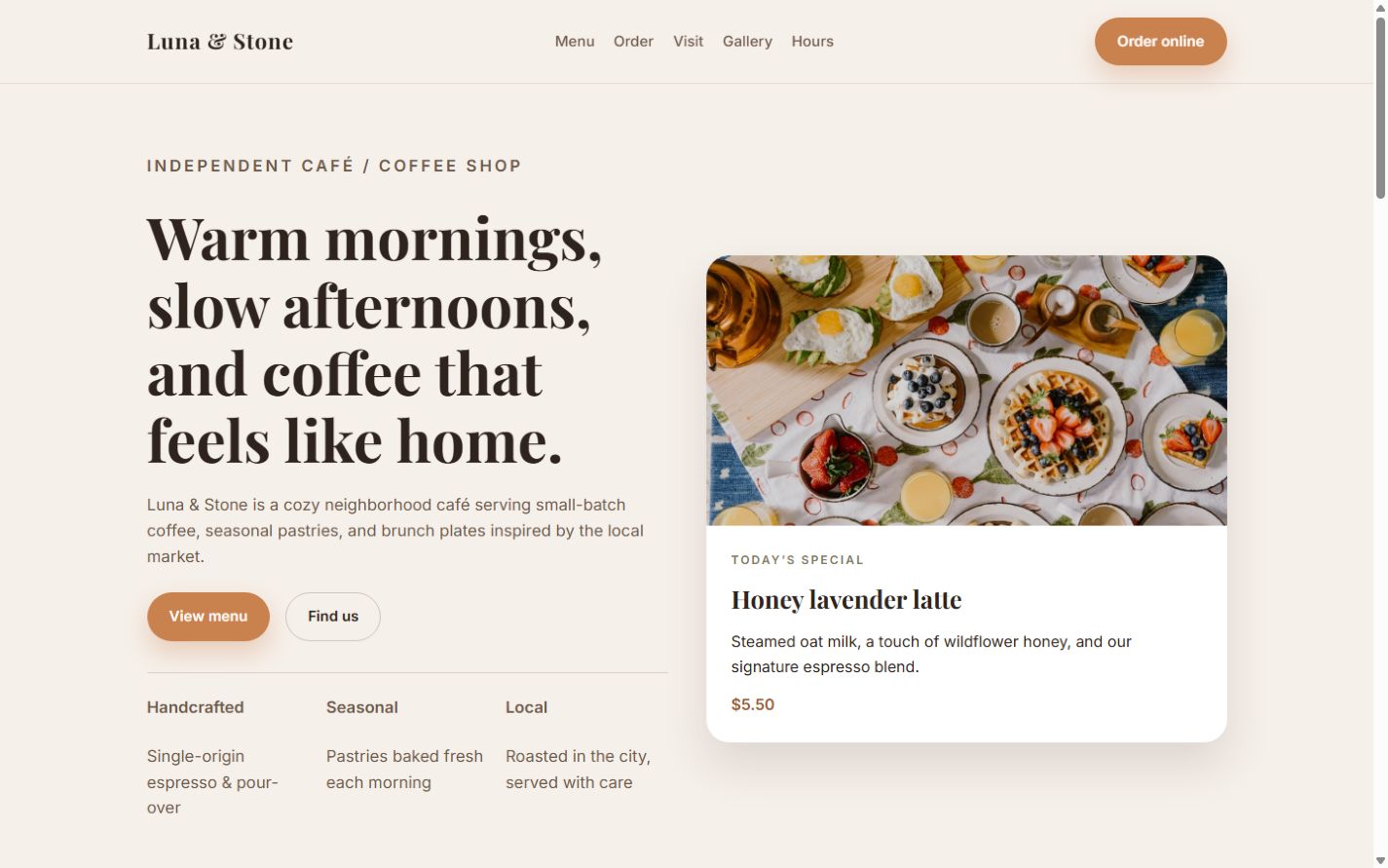 Luna & Stone Café shown at desktop width