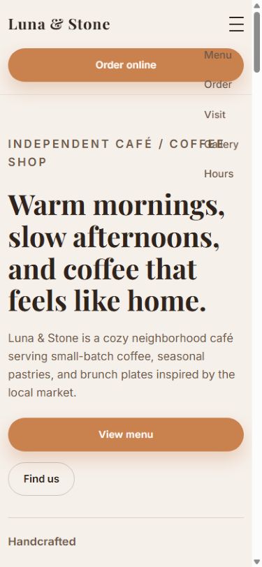 Luna & Stone Café shown at mobile width