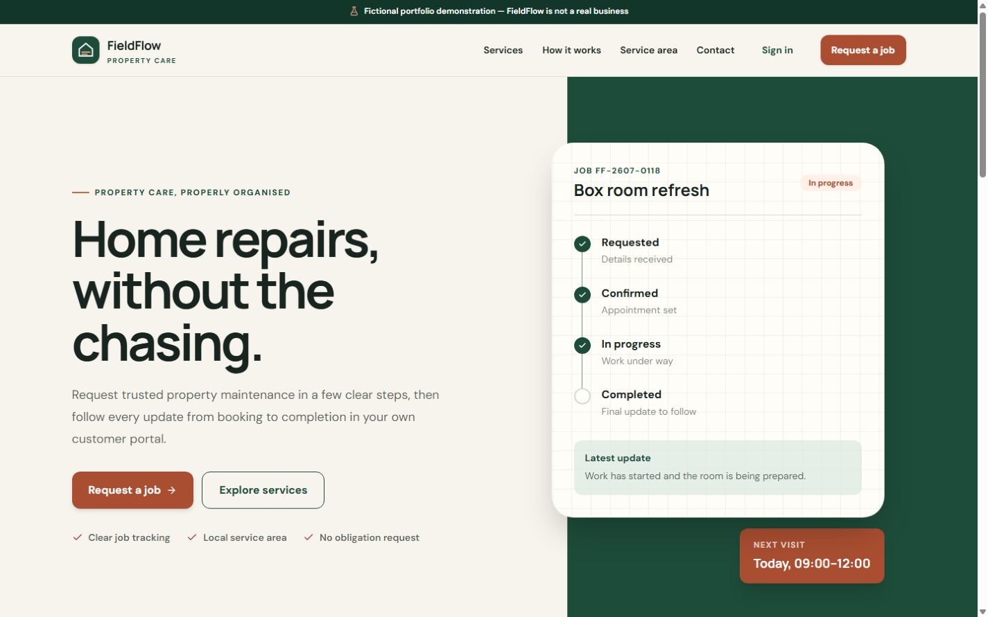 FieldFlow Property Care shown at desktop width