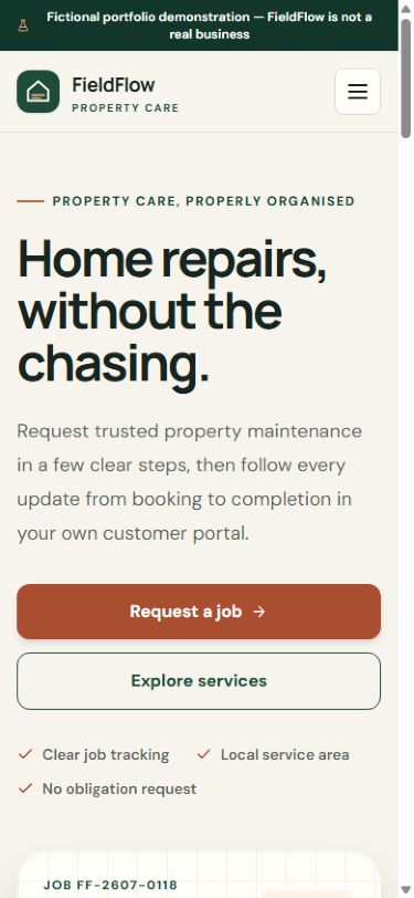 FieldFlow Property Care shown at mobile width