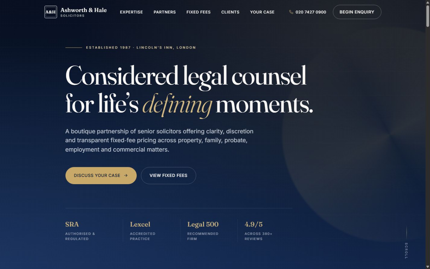 Ashworth & Hale Solicitors shown at desktop width
