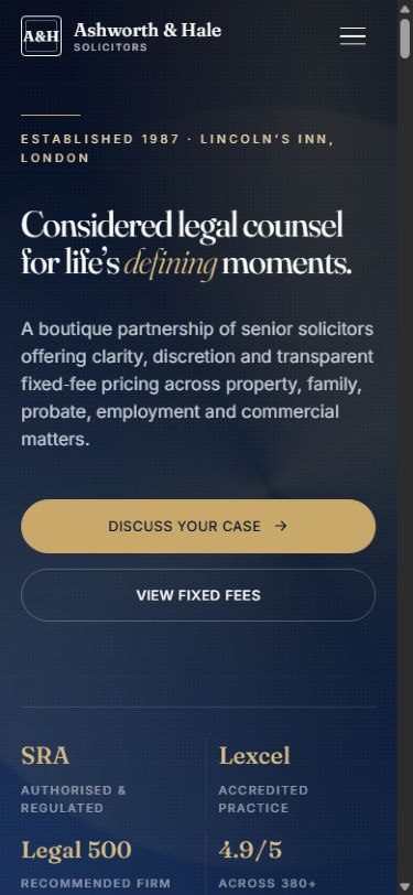 Ashworth & Hale Solicitors shown at mobile width